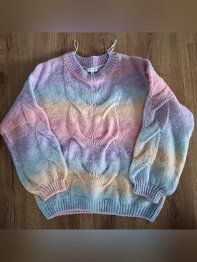 Woven Heart Pastel Rainbow Cable Knit Sweater - Pink, Purple, Blue, Cream, Peach